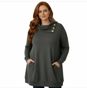 "Miusey" Like New! (XL) Long Sleeve Olive Cowl Neck Pullover Tunic